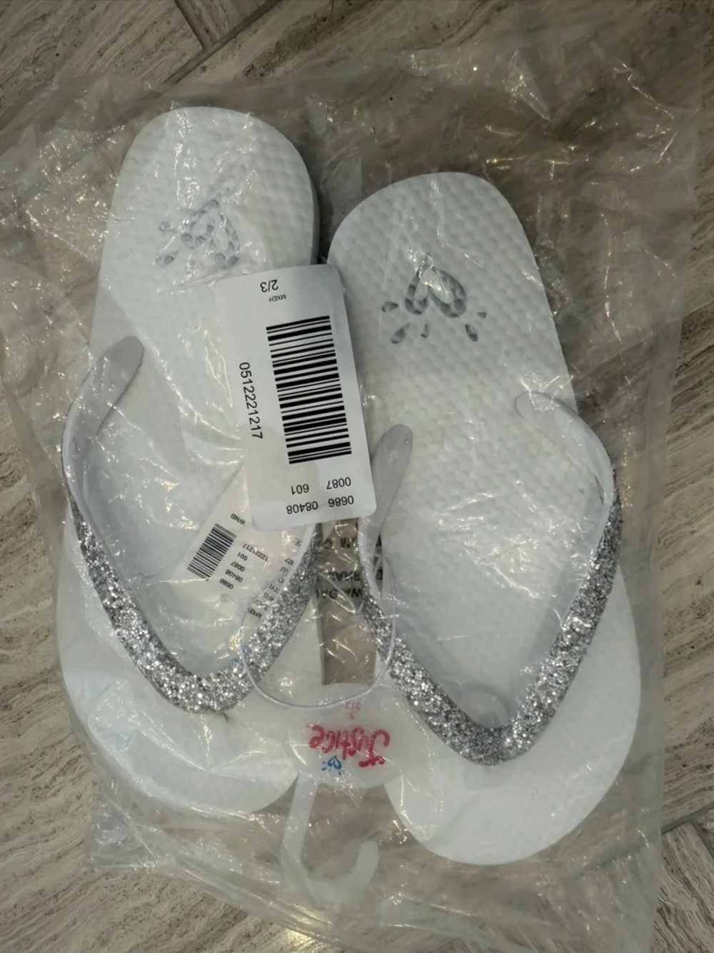 Girls Justice White Flip Flops with Silver Glitter Straps. Size 2/3